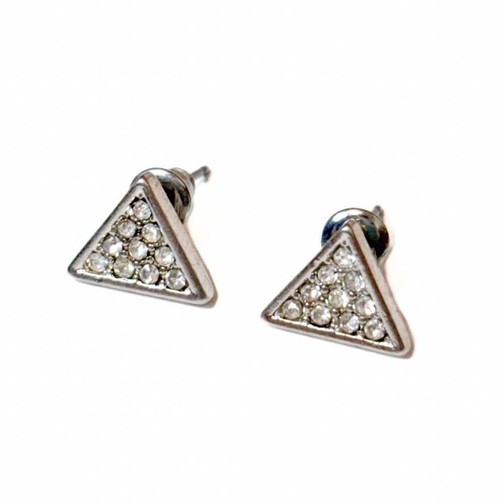NEW - Classic Silver Triangle Stud Earrings w Sparkling Pave Crystals